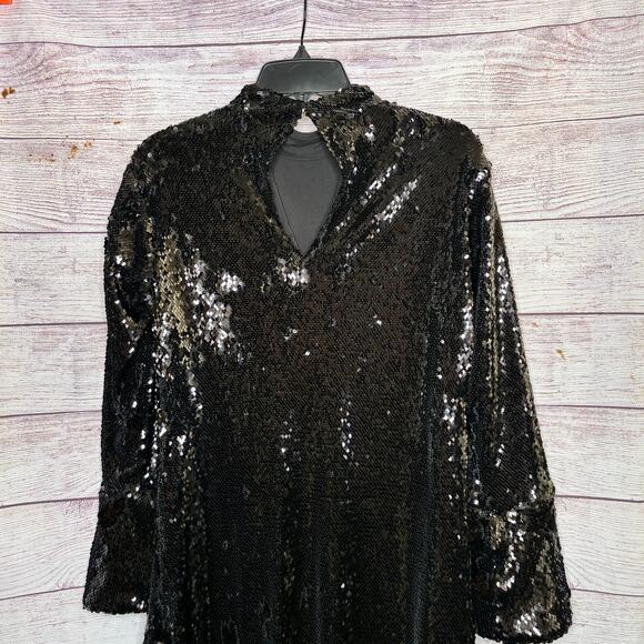 Ann Taylor Black Holiday Party Shimmer Sequined Bell Sleeve Shift Dress Size 2 - Picture 6 of 10